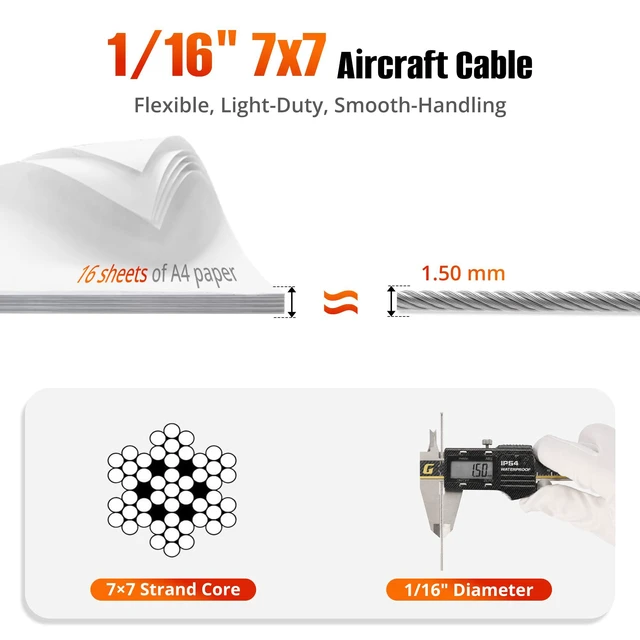 Alt view image 4 of 6 - 1/16'' Wire Rope, 100FT 304 Stainless Steel Cable for Hanging | Includes 50pcs Aluminum Crimping Loop Sleeves, for Picture Hanging Clothesline Garden Trellis and DIY Projects