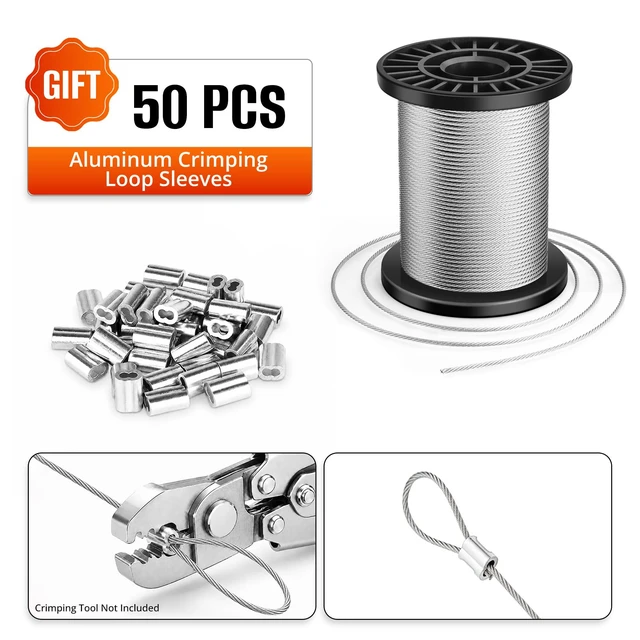 Alt view image 5 of 6 - 1/16'' Wire Rope, 100FT 304 Stainless Steel Cable for Hanging | Includes 50pcs Aluminum Crimping Loop Sleeves, for Picture Hanging Clothesline Garden Trellis and DIY Projects