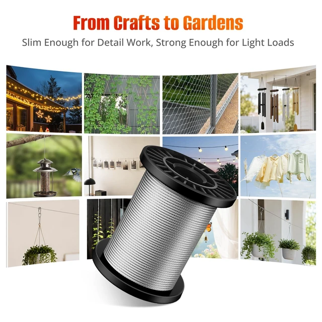 Alt view image 6 of 6 - 1/16'' Wire Rope, 100FT 304 Stainless Steel Cable for Hanging | Includes 50pcs Aluminum Crimping Loop Sleeves, for Picture Hanging Clothesline Garden Trellis and DIY Projects