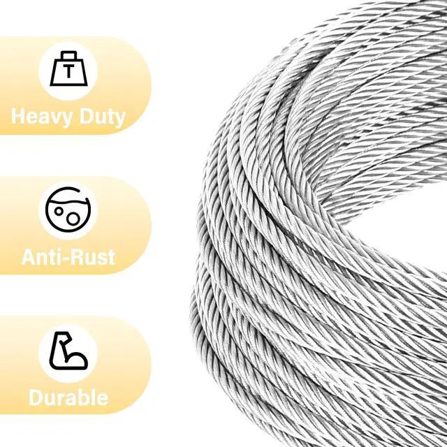 Alt view image 4 of 7 - 1/4" Steel Cable, 10Ft 7x19 Strand Aircraft Cable with Loops, 6400 Lbs Breaking Strength Heavy Duty Wire Rope with Clamps and Thimbles, for Zipline, Fencing, Sunshade, Deck Railing