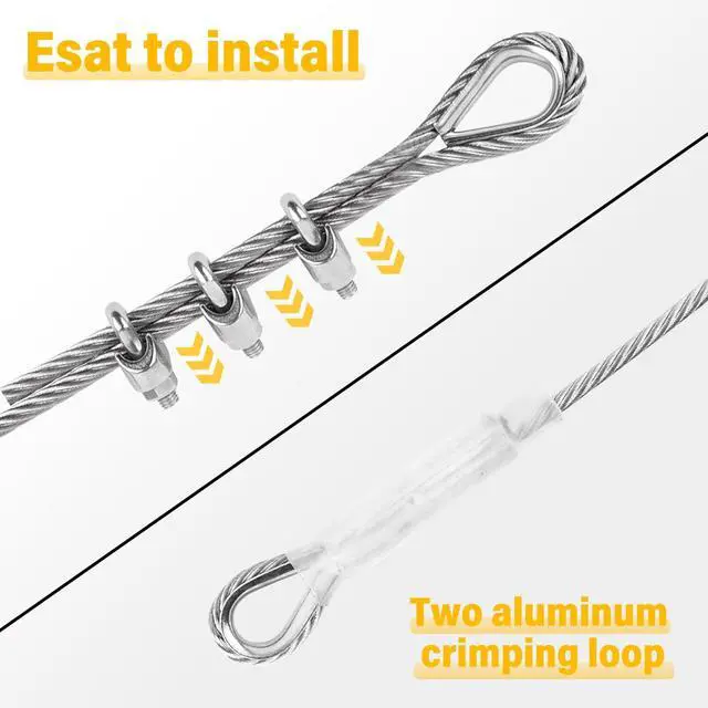 Alt view image 5 of 7 - 1/4" Steel Cable, 10Ft 7x19 Strand Aircraft Cable with Loops, 6400 Lbs Breaking Strength Heavy Duty Wire Rope with Clamps and Thimbles, for Zipline, Fencing, Sunshade, Deck Railing