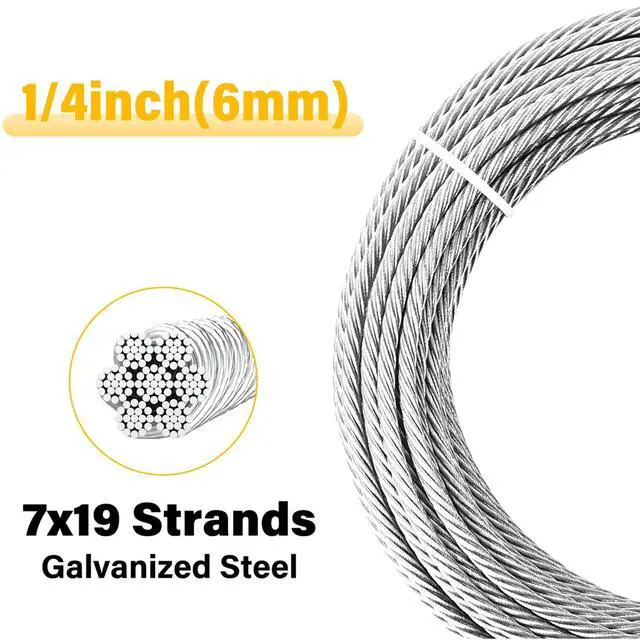 Alt view image 2 of 7 - 1/4" Steel Cable, 10Ft 7x19 Strand Aircraft Cable with Loops, 6400 Lbs Breaking Strength Heavy Duty Wire Rope with Clamps and Thimbles, for Zipline, Fencing, Sunshade, Deck Railing