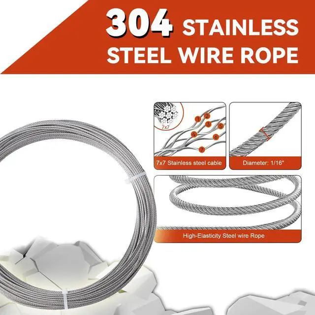 Alt view image 5 of 6 - 1/16 Wire Rope, 100FT 304 Stainless Steel Cable | Steel Wire, Aircraft Cable,7x7 Strand Core,for Outdoor, indoor , Yard, Garden or Crafts