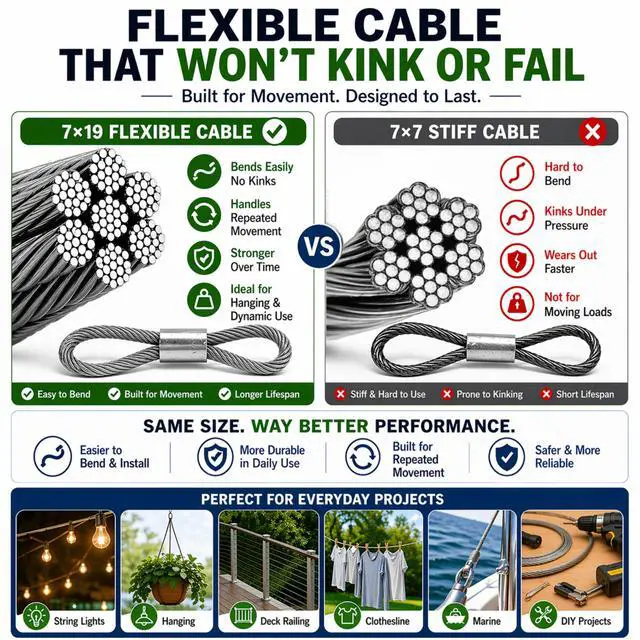 Alt view image 2 of 7 - 1/8" (3mm) 304 Stainless Steel Wire Rope Kit, 20 FT | Flexible 7×19 Vinyl-Coated Cable · Reusable Cable Clamps Included · Indoor & Outdoor Use
