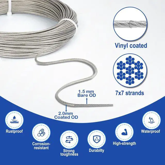 Alt view image 2 of 7 - Wire Trellis Kit, 50ft 1/16" Vinyl Coated Stainless Steel Wire Rope | M5 Turnbuckle Tensioner Kit, 7x7 Strands Steel Cable for String Lights Hanging, Picture Hanging, Climbing Plants, Trellis