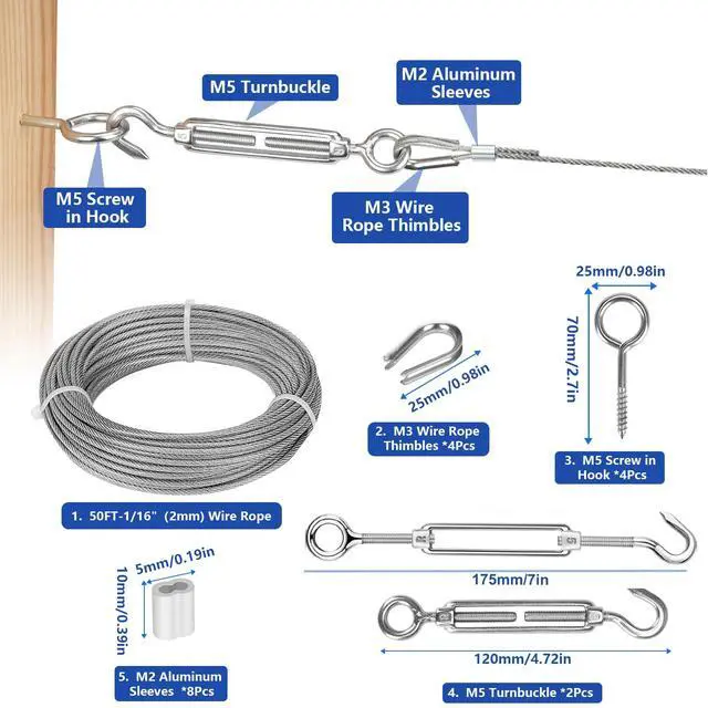 Alt view image 4 of 7 - Wire Trellis Kit, 50ft 1/16" Vinyl Coated Stainless Steel Wire Rope | M5 Turnbuckle Tensioner Kit, 7x7 Strands Steel Cable for String Lights Hanging, Picture Hanging, Climbing Plants, Trellis