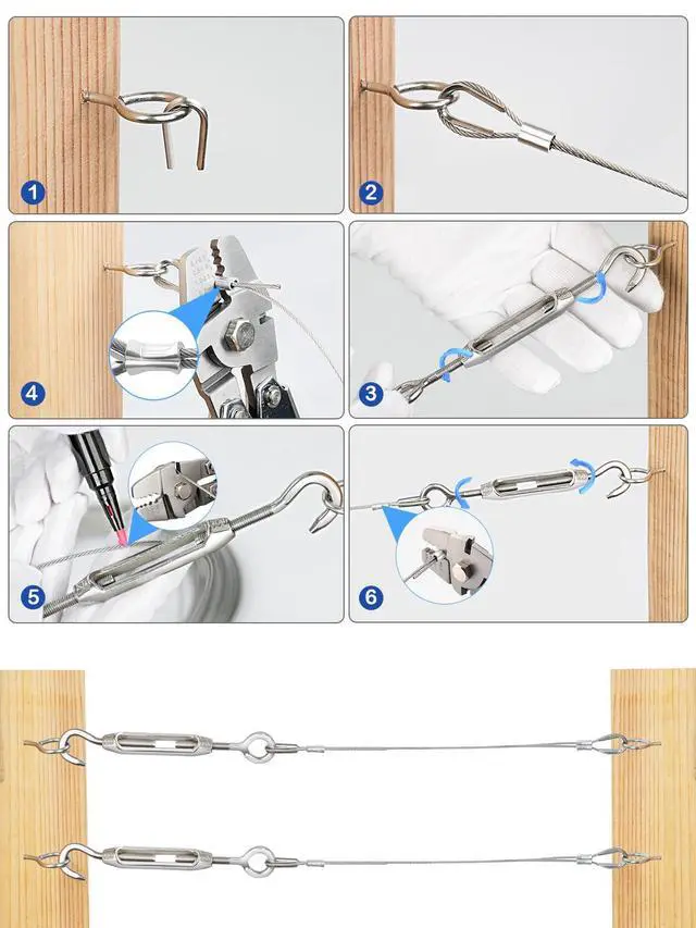 Alt view image 5 of 7 - Wire Trellis Kit, 50ft 1/16" Vinyl Coated Stainless Steel Wire Rope | M5 Turnbuckle Tensioner Kit, 7x7 Strands Steel Cable for String Lights Hanging, Picture Hanging, Climbing Plants, Trellis