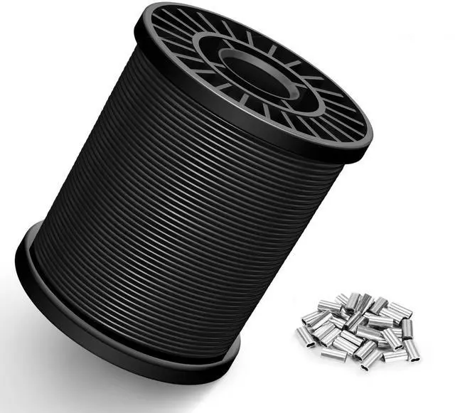 Main image of Black Vinyl Coated Wire Rope 1/16", 100FT 304 Stainless Steel Cable | Includes Enough Aluminum Crimping Loop Sleeves for String Light, Clotheslines, Trellis, Picuture Hanging and DIY Projects