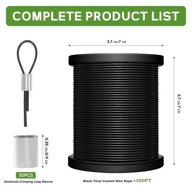 Alt view image 2 of 7 - Black Vinyl Coated Wire Rope 1/16", 100FT 304 Stainless Steel Cable | Includes Enough Aluminum Crimping Loop Sleeves for String Light, Clotheslines, Trellis, Picuture Hanging and DIY Projects