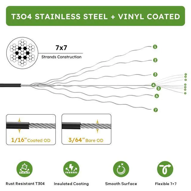 Alt view image 3 of 7 - Black Vinyl Coated Wire Rope 1/16", 100FT 304 Stainless Steel Cable | Includes Enough Aluminum Crimping Loop Sleeves for String Light, Clotheslines, Trellis, Picuture Hanging and DIY Projects