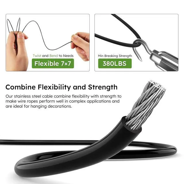 Alt view image 4 of 7 - Black Vinyl Coated Wire Rope 1/16", 100FT 304 Stainless Steel Cable | Includes Enough Aluminum Crimping Loop Sleeves for String Light, Clotheslines, Trellis, Picuture Hanging and DIY Projects