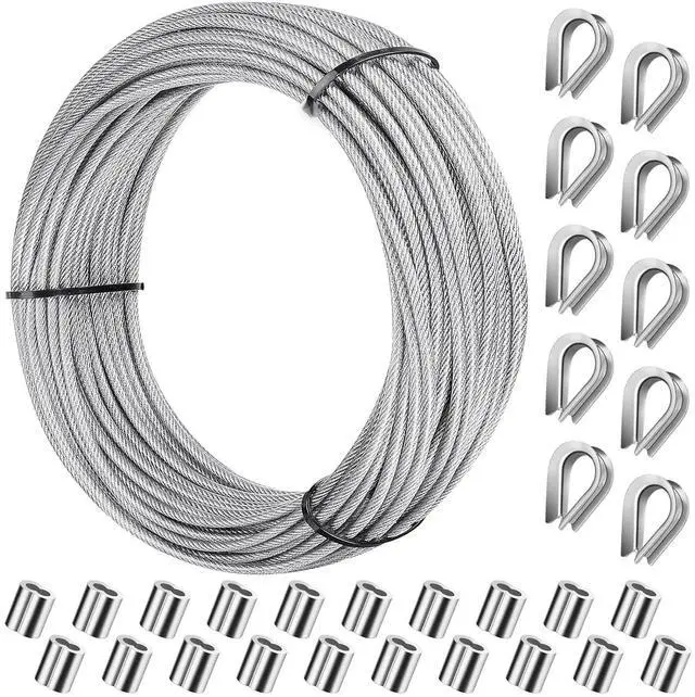 Main image of 1/16" Stainless Wire Rope Cable 100FT | 7x7 Strand, With Aluminum Crimping Sleeves, With Wire Rope Thimble