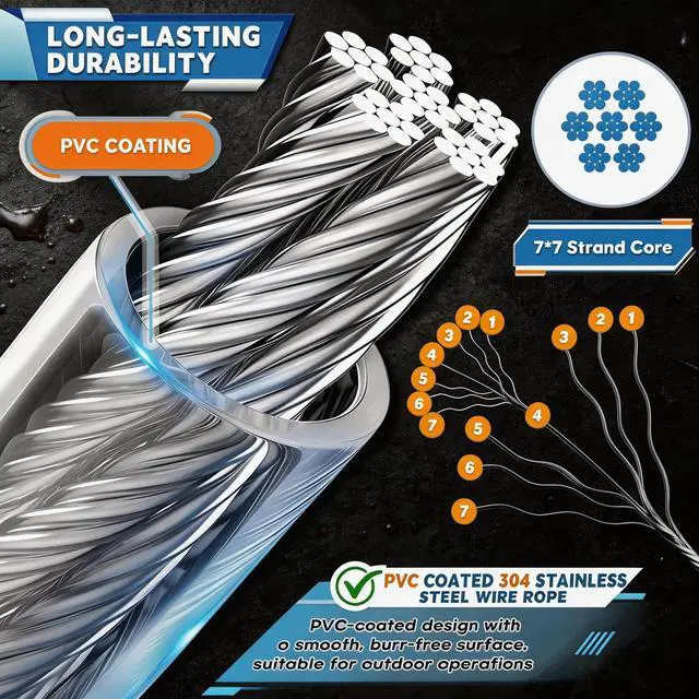 Alt view image 5 of 5 - 1/16" Stainless Wire Rope Cable 100FT | 7x7 Strand, With Aluminum Crimping Sleeves, With Wire Rope Thimble