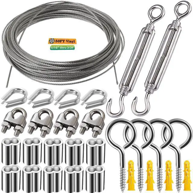 Main image of 1/16 Wire Rope Kit,Vinyl Coated Aircraft Cable,7x7 Strand Core with Turnbuckles,Crimping Loop Sleeve,Cable Clip Clamp for String Light Hanging,Garden Wire,Clotheslines