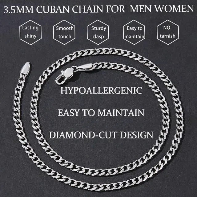 Alt view image 5 of 7 - 3.5mm Silver Colored Chains for Men, Silver Plated Cuban Link Chain Necklace for Men and Women, Stainless Steel Cuban Necklaces 20 Inch