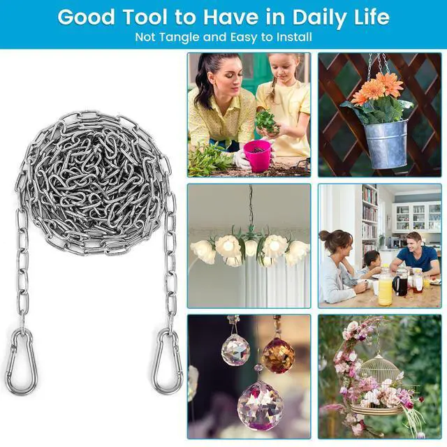 Alt view image 6 of 7 - 10 Feet Long Light Duty Chain, 5/64 Inch Small Metal Chain with 5/32 in Carabiners, Easy to Adjust Stainless Steel Link Chain for Indoor Outdoor Hanging Bird Feeder Wind Chimes Signs Planters Silver