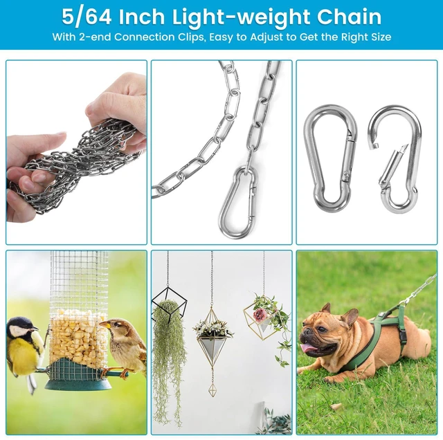 Alt view image 3 of 7 - 10 Feet Long Light Duty Chain, 5/64 Inch Small Metal Chain with 5/32 in Carabiners, Easy to Adjust Stainless Steel Link Chain for Indoor Outdoor Hanging Bird Feeder Wind Chimes Signs Planters Silver