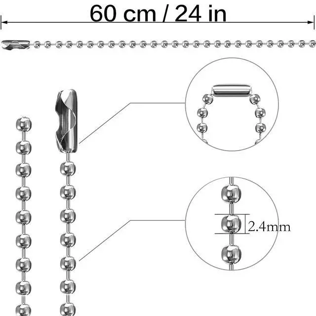 Alt view image 2 of 7 - 50-Pack Dog Tag Chain Ball Chain Necklace Bulk, Beaded Necklace Chains for Jewelry Making DIY Crafts, Military Blank Dog Tag Necklace for Men, Silver Nickel Plated Metal 24" Long 2.4mm Ball Bead Chain