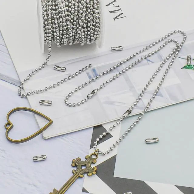 Alt view image 7 of 7 - 32.8 Feet Stainless Steel Ball Beaded Chain Necklace Chains for Making Jewelry with 20 Pieces Matching Connectors Silver Color Metal Pull Chain Roll Spool Ball for Dog Tag DIY (2.4mm in Diameter)