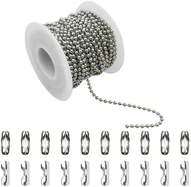 Main image of 32.8 Feet Stainless Steel Ball Beaded Chain Necklace Chains for Making Jewelry with 20 Pieces Matching Connectors Silver Color Metal Pull Chain Roll Spool Ball for Dog Tag DIY (2.4mm in Diameter)