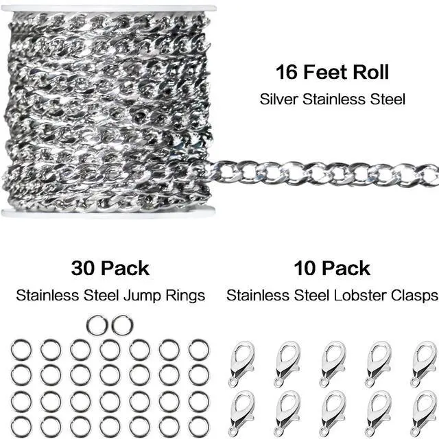 Alt view image 2 of 7 - 16ft Cuban Link Chain Roll 6mm Silver Stainless Steel Necklace Chains for Jewelry Making, DIY Necklace Bracelet Crafts Supplies Findings, Metal Cuban Link Chain w/Lobster Clasps, Jump Rings