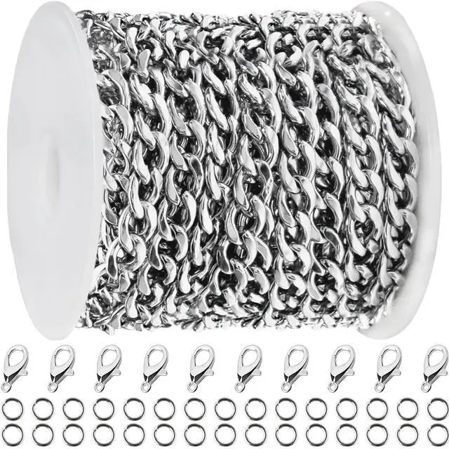 Main image of 16ft Cuban Link Chain Roll 6mm Silver Stainless Steel Necklace Chains for Jewelry Making, DIY Necklace Bracelet Crafts Supplies Findings, Metal Cuban Link Chain w/Lobster Clasps, Jump Rings