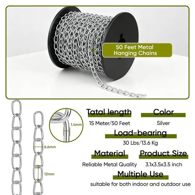 Alt view image 2 of 7 - 50ft Hanging Chain,Galvanized Steel Small Jack Chain,1.3MM Metal Silver Chain for Hanging Plants Bird Feeders, Lamps,Suspension Equipment and DIY Projects