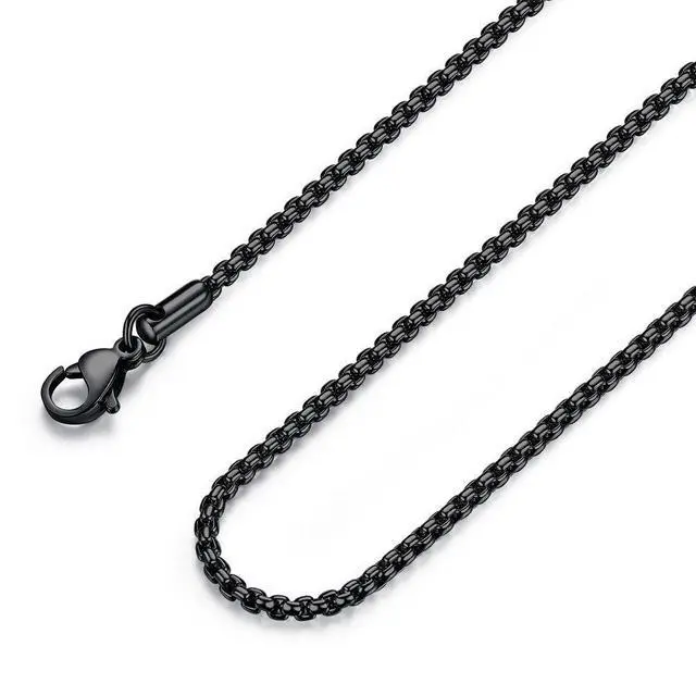 Main image of Stainless Steel Black Rolo Chain Necklace for Men and Women, 2mm, 24" | Width 2/3/4/5mm, Round Box Chain, Waterproof Black Necklace, Hypoallergenic, 16-30 Inches