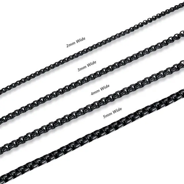 Alt view image 6 of 7 - Stainless Steel Black Rolo Chain Necklace for Men and Women, 2mm, 24" | Width 2/3/4/5mm, Round Box Chain, Waterproof Black Necklace, Hypoallergenic, 16-30 Inches