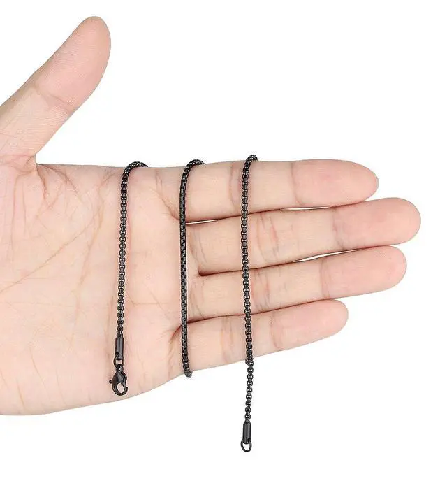 Alt view image 7 of 7 - Stainless Steel Black Rolo Chain Necklace for Men and Women, 2mm, 24" | Width 2/3/4/5mm, Round Box Chain, Waterproof Black Necklace, Hypoallergenic, 16-30 Inches