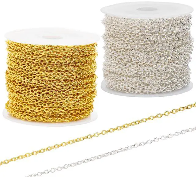 Main image of 60 Feet Metal Iron Jewelry Chains 2 mm Bulk Gold and Silver Necklace Link Chains for Jewelry Making (Silver and Gold)