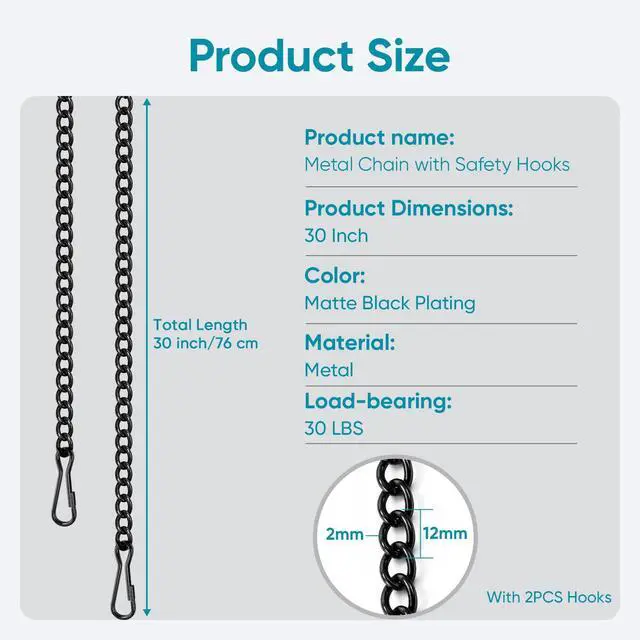 Alt view image 3 of 7 - 30 Inch Metal Chain for Hangings, Black Chains, with Safety Hooks | for Tiffany Style Stained Glass Window Panel, Bird Feeders, Planters, Lanterns, Wind Chimes, Billboards, Ornaments