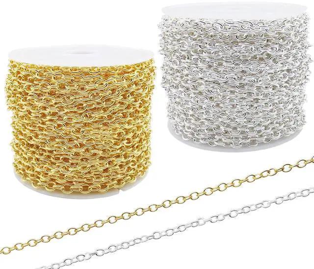 Main image of 60 Feet Metal Iron Necklace Chains 3mm Bulk Curb Link Chain for Jewelry Making DIY Craft Supplies (Silver and Gold)