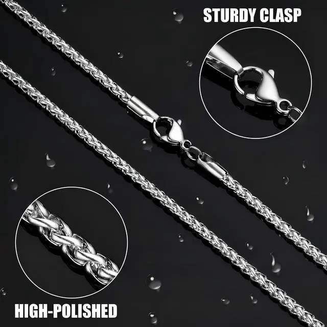 Alt view image 7 of 7 - Silver Tone Wheat Chain Necklace for Men, 2.5mm Mens Chain Necklaces, Stainless Steel Necklace Chains for Men and Women, Men Necklace 20 Inch
