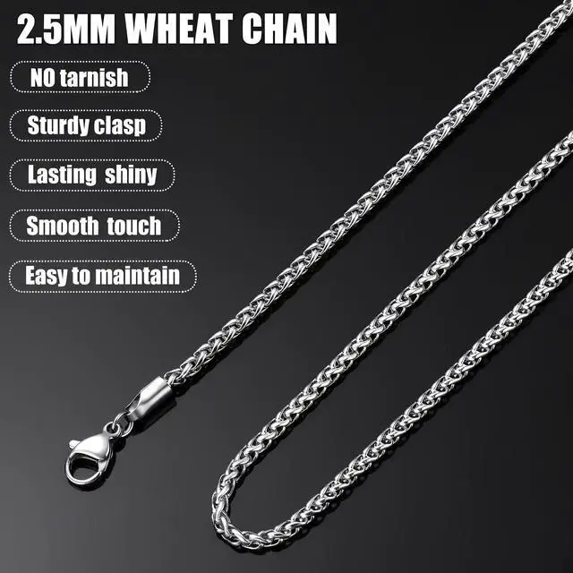 Alt view image 6 of 7 - Silver Tone Wheat Chain Necklace for Men, 2.5mm Mens Chain Necklaces, Stainless Steel Necklace Chains for Men and Women, Men Necklace 20 Inch