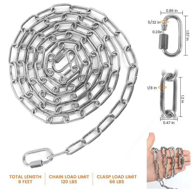 Alt view image 2 of 7 - 6 Feet Small Metal Chain with Hooks, 120 Pounds Light Weight Chain Link, 1/8 Inch Thin Adjustable Stainless Steel Chain for Bird Feeder, Plant, Fruit Basket Decorative Hanging, Silver