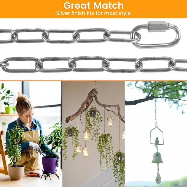 Alt view image 4 of 7 - 6 Feet Small Metal Chain with Hooks, 120 Pounds Light Weight Chain Link, 1/8 Inch Thin Adjustable Stainless Steel Chain for Bird Feeder, Plant, Fruit Basket Decorative Hanging, Silver