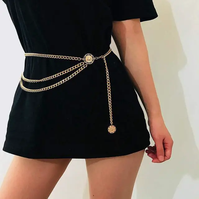 Alt view image 2 of 6 - Multilayer Metal Waist Chain Dress Belts Metal Belt for Women Gold 90CM/35.8IN