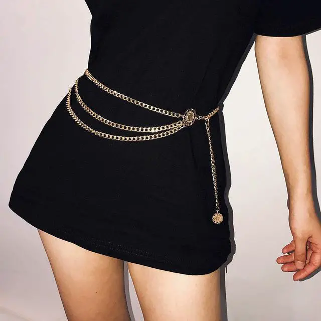 Alt view image 6 of 6 - Multilayer Metal Waist Chain Dress Belts Metal Belt for Women Gold 90CM/35.8IN