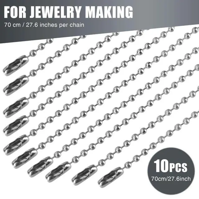 Alt view image 2 of 7 - 10 pcs Dog Tag Chain, Ball Chain Necklace, dog tag chains for men, Silver Nickel Plated Metal 27.6" Long 2.4mm Ball Bead Chain.