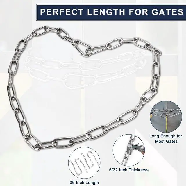 Alt view image 3 of 7 - 2 Pack Outdoor Fence Gate Chains, 5/32 x 36 Inch Mental Chain Fence Lock with Spring Hooks Easy to Open and Close, Silver Safety Gate Chain Link for Livestock, Ranch, Barn (Extended)
