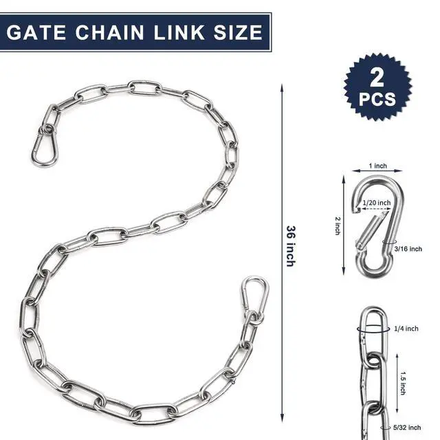 Alt view image 2 of 7 - 2 Pack Outdoor Fence Gate Chains, 5/32 x 36 Inch Mental Chain Fence Lock with Spring Hooks Easy to Open and Close, Silver Safety Gate Chain Link for Livestock, Ranch, Barn (Extended)