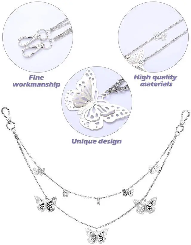 Alt view image 5 of 6 - Belt Chain Jeans Multi Layer Metal Chain,Butterfly,Silver | Y2K Hip Hop Waist Belt with Butterfly Charms, Layered for Jeans Skirt Pants, Adjustable Pocket Accessory for Women Men
