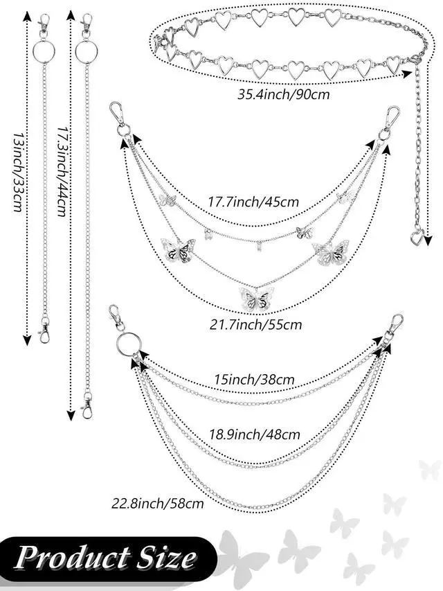 Alt view image 3 of 6 - Belt Chain Jeans Multi Layer Metal Chain,Butterfly,Silver | Y2K Hip Hop Waist Belt with Butterfly Charms, Layered for Jeans Skirt Pants, Adjustable Pocket Accessory for Women Men