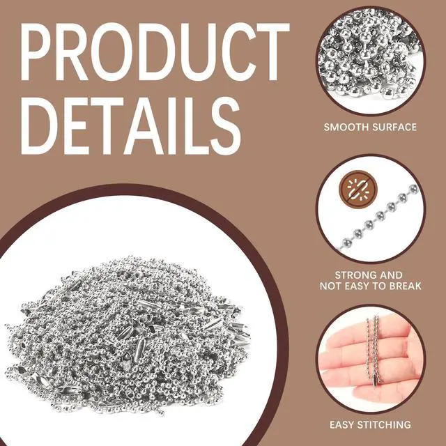 Alt view image 3 of 6 - 300 pcs 3.9 in Ball Chains Keychain Tag Keychain Ball Chain Bulk,Beaded Chain Connector Chains for Keychains,Dog tag Chain Key Chain Links,Silver Nickel Plated Metal 2.4mm Ball Bead Chains