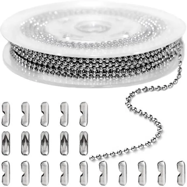 Main image of 33ft Ball Chain 2.4mm Silver Stainless Steel Bead Link Chain Roll for Beaded Dog Tag Necklace, Mens Military Jewelry Making Supplies, Pull Chain DIY Bracelets Keychain Craft - w/20#3 Connectors