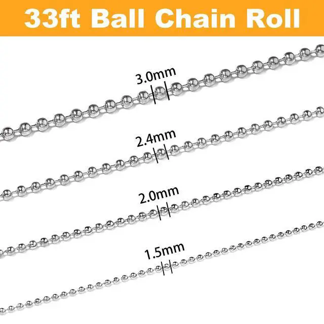 Alt view image 2 of 7 - 33ft Ball Chain 2.4mm Silver Stainless Steel Bead Link Chain Roll for Beaded Dog Tag Necklace, Mens Military Jewelry Making Supplies, Pull Chain DIY Bracelets Keychain Craft - w/20#3 Connectors