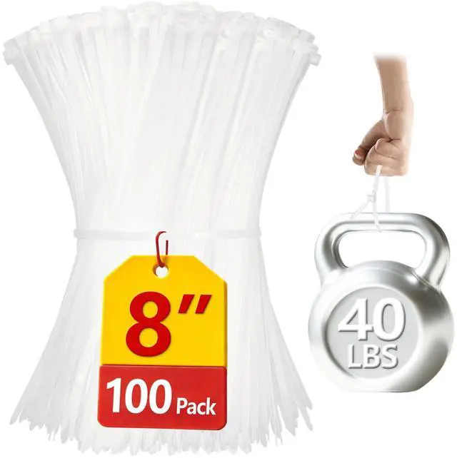 Main image of Clear Zip Ties 8 inch, 100 Pack, White Zip Ties, 40lbs, Zipties Clear, White Cable Ties, UV Resistant Wire Ties, Plastic Ties, Tie Wraps
