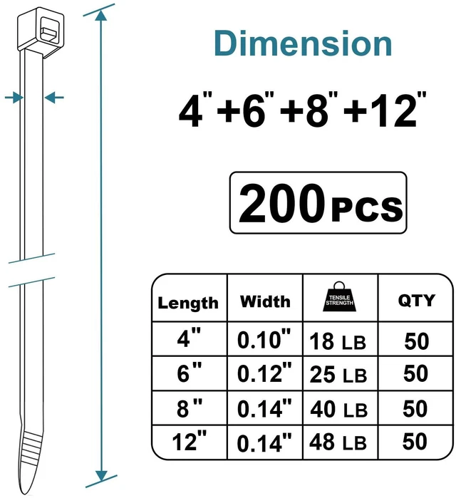 Alt view image 2 of 6 - Black Zip Ties Assorted 12+8+6+4 inch, 200 Pack, Cable Ties, UV Resistant Wire Ties for Outdoor Use,Tie Straps,