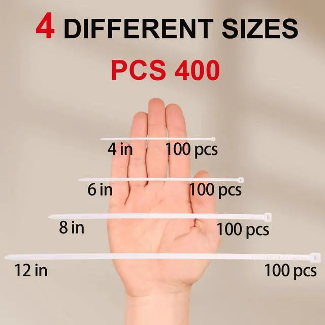 Alt view image 2 of 7 - White Zip Ties Assorted Sizes 4+6+8+12 Inch, 400 Pack, Clear Zip Ties, White Cable Ties, Zipties Clear, UV Resistant Wire Ties, Plastic Ties, Tie Wraps Assorted Sizes